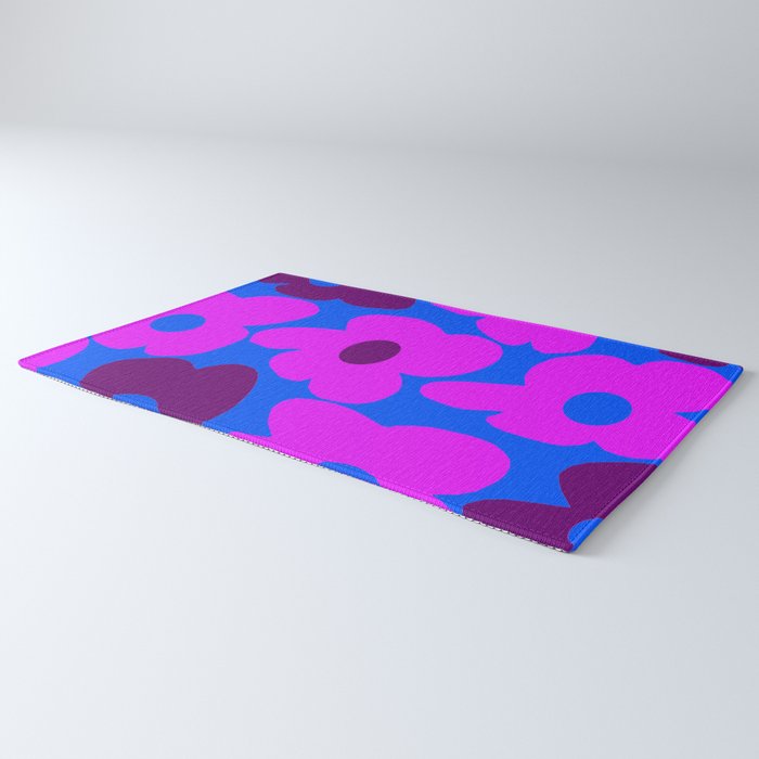 Large Pink and Purple Retro Flowers Blue Background #decor #society6 #buyart Rug Gallery Image 3