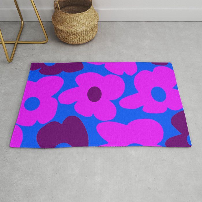 Large Pink and Purple Retro Flowers Blue Background #decor #society6 #buyart Rug Gallery Image 1