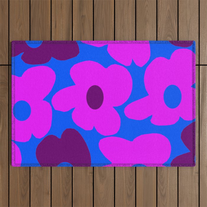 Large Pink and Purple Retro Flowers Blue Background #decor #society6 #buyart Outdoor Rug Gallery Image 1