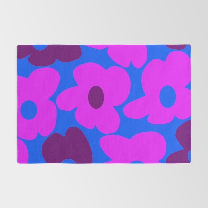 Large Pink and Purple Retro Flowers Blue Background #decor #society6 #buyart Rug Gallery Image 2