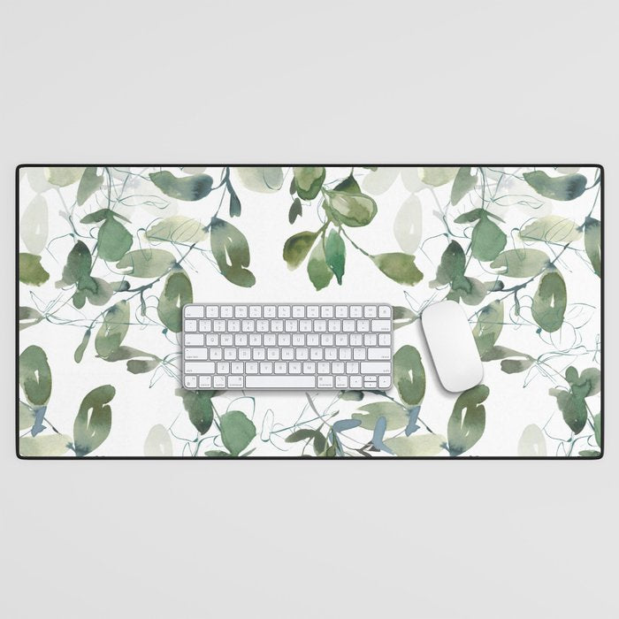 Festive, Watercolor, Leaves Print, White and Green Desk Mat Gallery Image 1