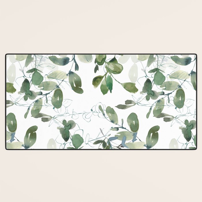 Festive, Watercolor, Leaves Print, White and Green Desk Mat Gallery Image 3