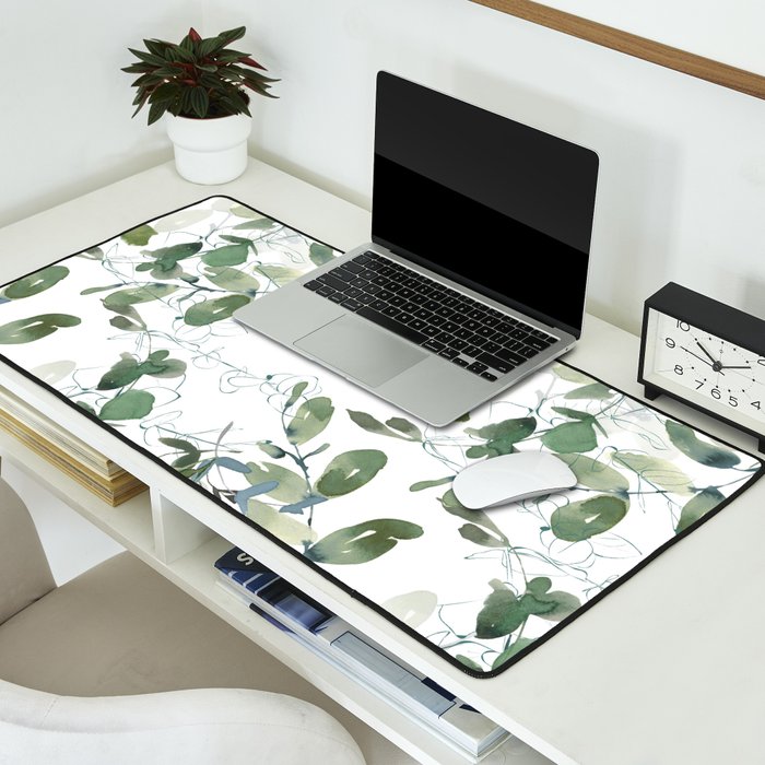Festive, Watercolor, Leaves Print, White and Green Desk Mat Gallery Image 2