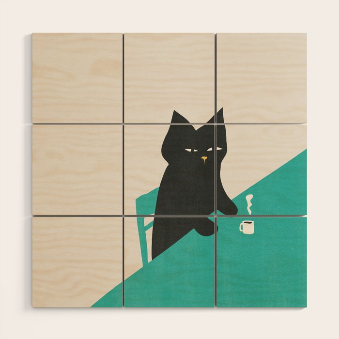 Cat drinking coffee Wood Wall Art Gallery Image 1