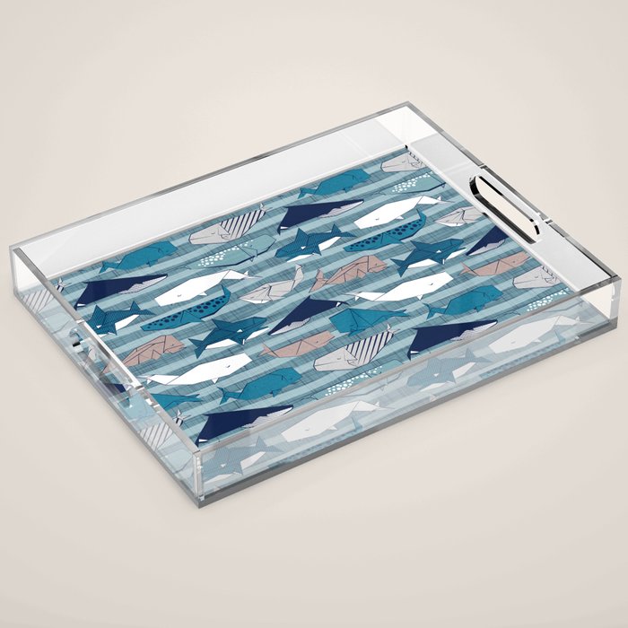 Origami Sea // linen texture and nautical stripes background teal white and taupe whales Acrylic Tray Gallery Image 1