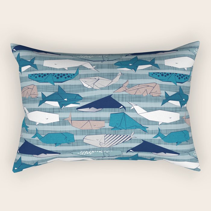 Origami Sea // linen texture and nautical stripes background teal white and taupe whales Rectangular Pillow Gallery Image 2