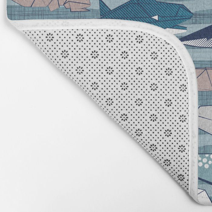Origami Sea // linen texture and nautical stripes background teal white and taupe whales Bath Mat Gallery Image 2