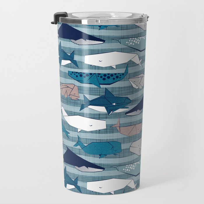 Origami Sea // linen texture and nautical stripes background teal white and taupe whales Travel Mug Gallery Image 3