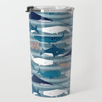 Origami Sea // linen texture and nautical stripes background teal white and taupe whales Travel Mug Gallery Image 3