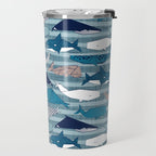 Origami Sea // linen texture and nautical stripes background teal white and taupe whales Travel Mug Gallery Image 2