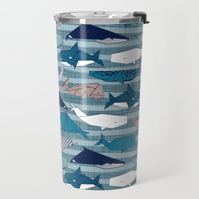 Origami Sea // linen texture and nautical stripes background teal white and taupe whales Travel Mug Gallery Image 2