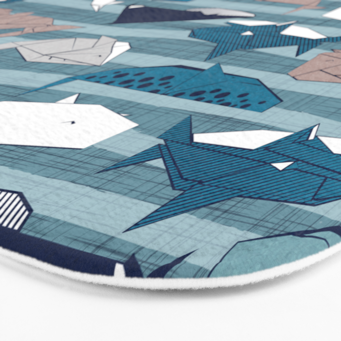 Origami Sea // linen texture and nautical stripes background teal white and taupe whales Bath Mat Gallery Image 3