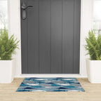 Origami Sea // linen texture and nautical stripes background teal white and taupe whales Welcome Mat Gallery Image 3