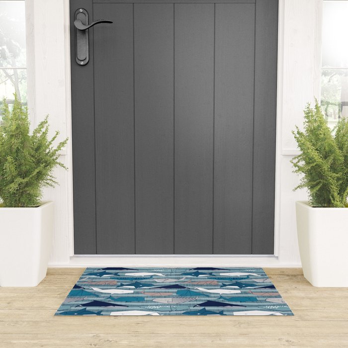 Origami Sea // linen texture and nautical stripes background teal white and taupe whales Welcome Mat Gallery Image 3