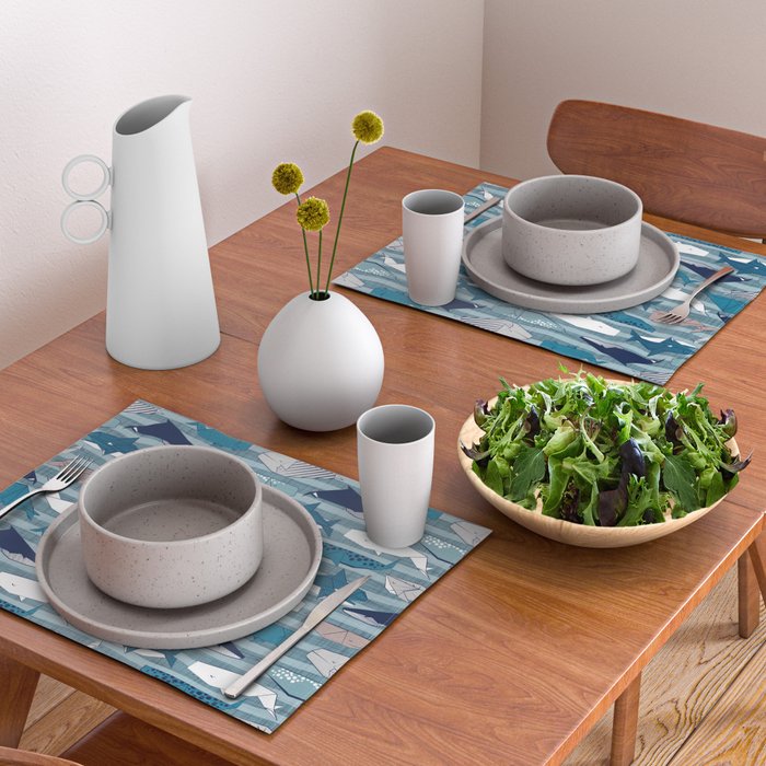Origami Sea // linen texture and nautical stripes background teal white and taupe whales Placemat Gallery Image 2