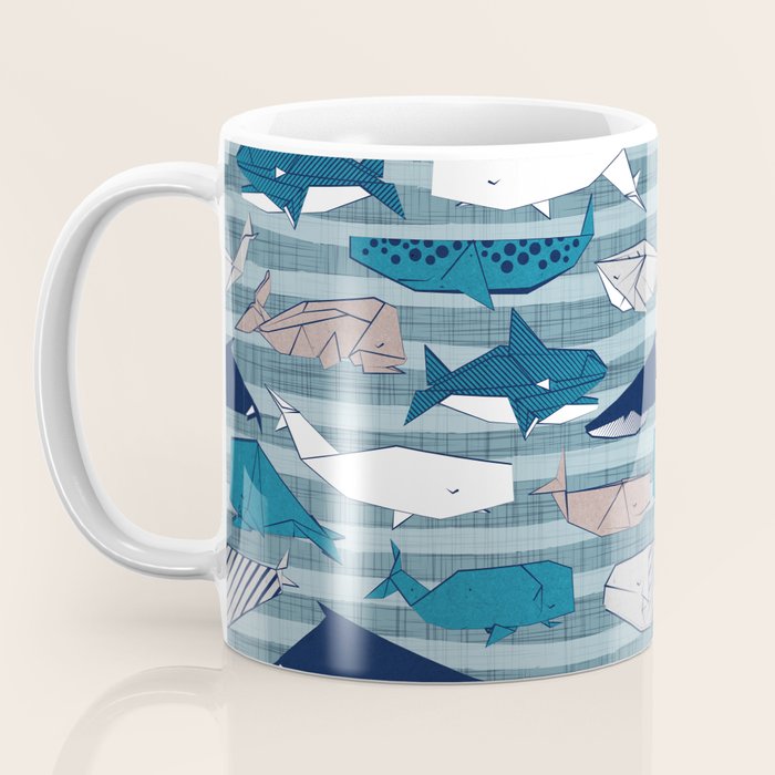 Origami Sea // linen texture and nautical stripes background teal white and taupe whales Coffee Mug Gallery Image 3