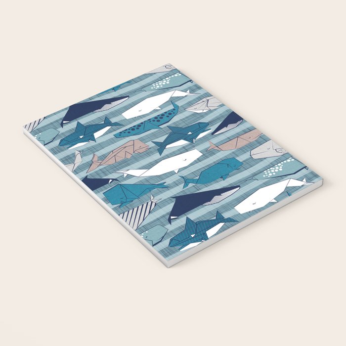 Origami Sea // linen texture and nautical stripes background teal white and taupe whales Notebook Gallery Image 3