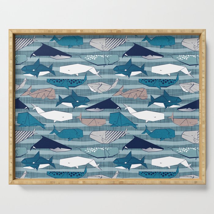 Origami Sea // linen texture and nautical stripes background teal white and taupe whales Serving Tray Gallery Image 1