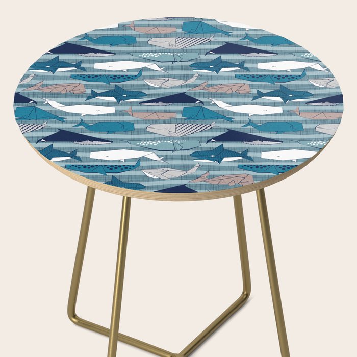 Origami Sea // linen texture and nautical stripes background teal white and taupe whales Side Table Gallery Image 2