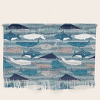 Origami Sea // linen texture and nautical stripes background teal white and taupe whales Wall Hanging Gallery Image 1