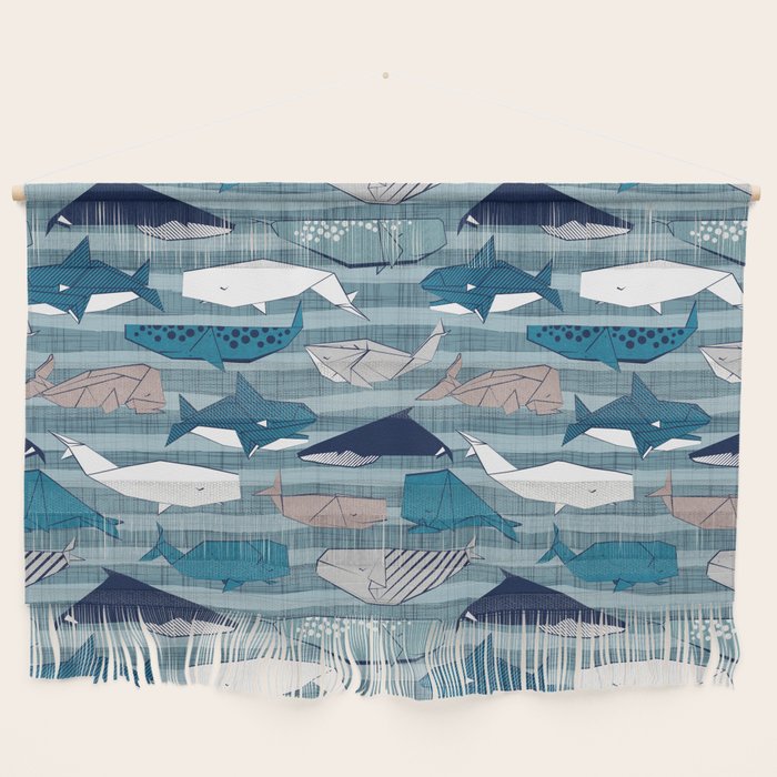 Origami Sea // linen texture and nautical stripes background teal white and taupe whales Wall Hanging Gallery Image 1