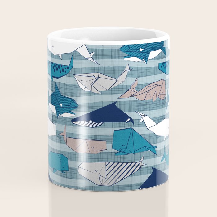 Origami Sea // linen texture and nautical stripes background teal white and taupe whales Coffee Mug Gallery Image 4