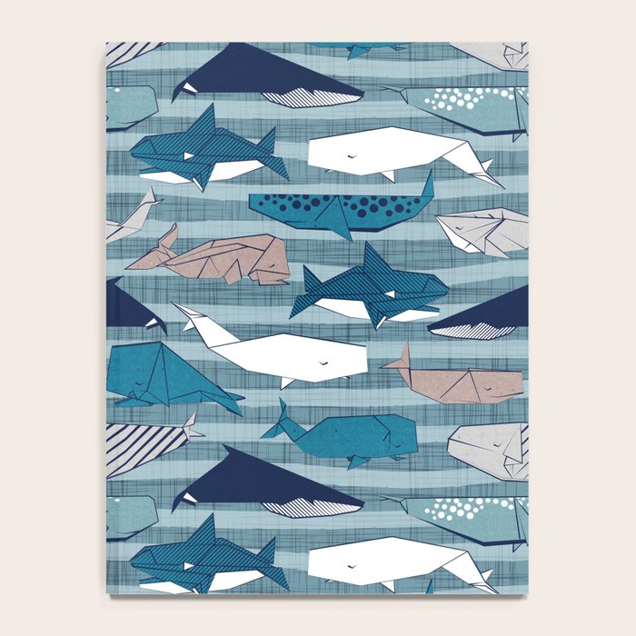 Origami Sea // linen texture and nautical stripes background teal white and taupe whales Notebook Gallery Image 4