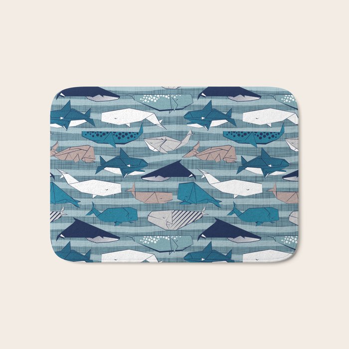 Origami Sea // linen texture and nautical stripes background teal white and taupe whales Bath Mat Gallery Image 1