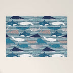 Origami Sea // linen texture and nautical stripes background teal white and taupe whales Welcome Mat Gallery Image 1