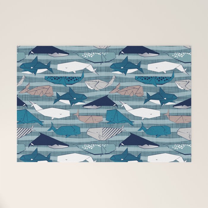 Origami Sea // linen texture and nautical stripes background teal white and taupe whales Welcome Mat Gallery Image 1