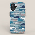 Origami Sea // linen texture and nautical stripes background teal white and taupe whales iPhone Case Gallery Image 1