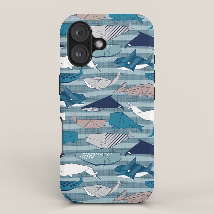 Origami Sea // linen texture and nautical stripes background teal white and taupe whales iPhone Case Gallery Image 1