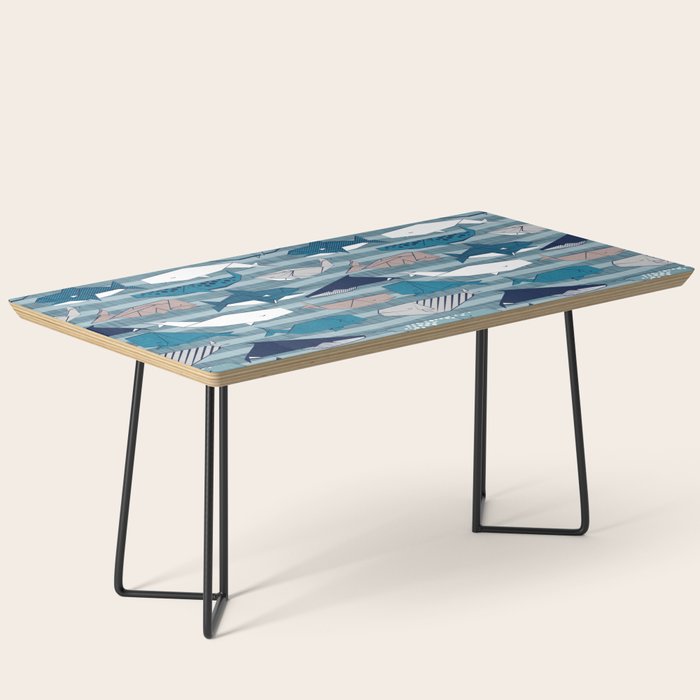 Origami Sea // linen texture and nautical stripes background teal white and taupe whales Coffee Table Gallery Image 1