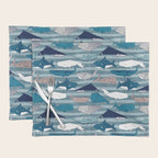 Origami Sea // linen texture and nautical stripes background teal white and taupe whales Placemat Gallery Image 1