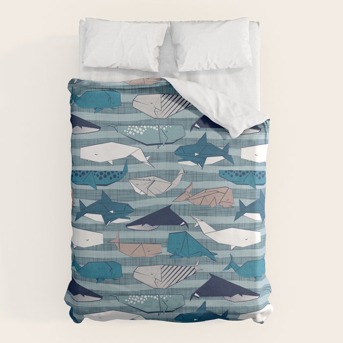 Origami Sea // linen texture and nautical stripes background teal white and taupe whales Duvet Cover Gallery Image 6