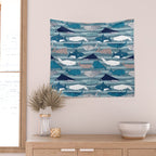 Origami Sea // linen texture and nautical stripes background teal white and taupe whales Wall Tapestry Gallery Image 2