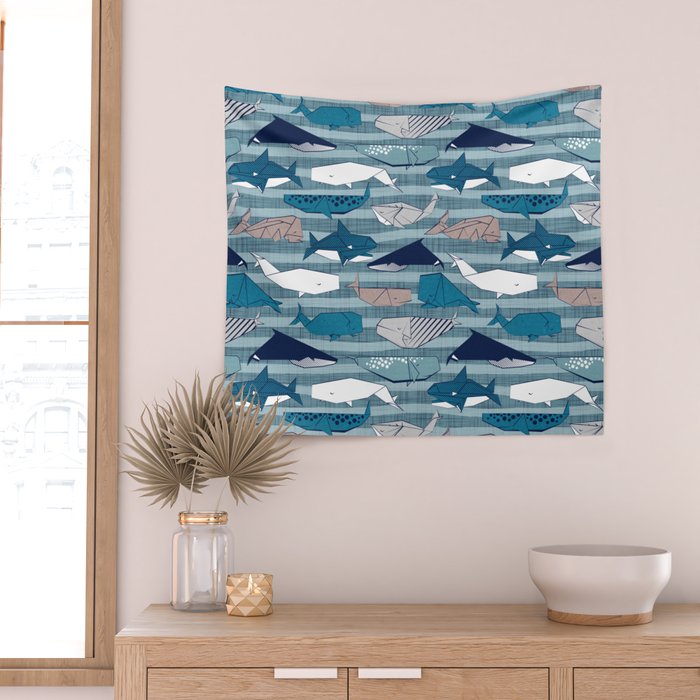 Origami Sea // linen texture and nautical stripes background teal white and taupe whales Wall Tapestry Gallery Image 2