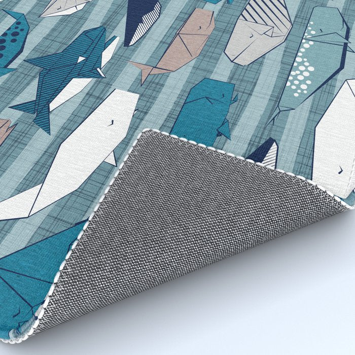 Origami Sea // linen texture and nautical stripes background teal white and taupe whales Rug Gallery Image 4