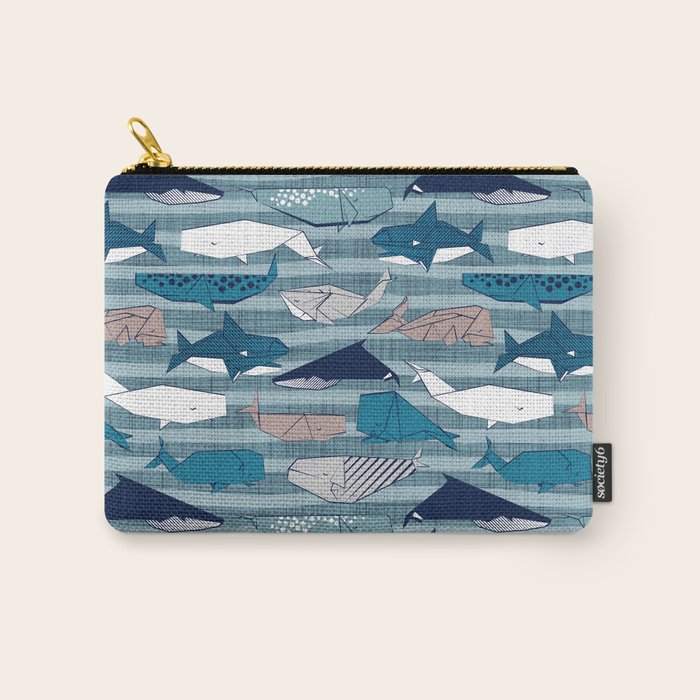 Origami Sea // linen texture and nautical stripes background teal white and taupe whales Carry All Pouch Gallery Image 1