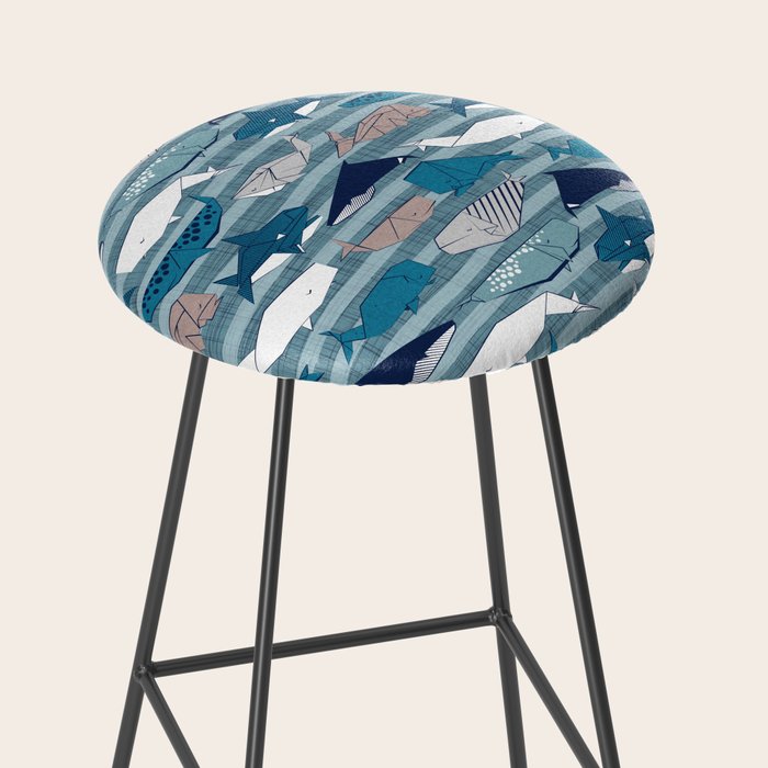 Origami Sea // linen texture and nautical stripes background teal white and taupe whales Stool Gallery Image 2