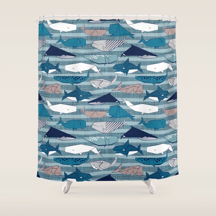 Origami Sea // linen texture and nautical stripes background teal white and taupe whales Shower Curtain Gallery Image 1