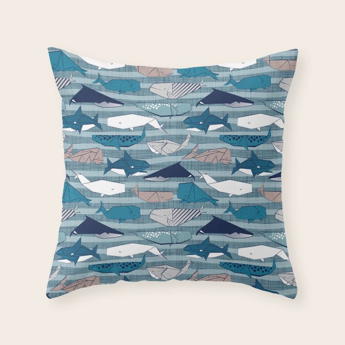 Origami Sea // linen texture and nautical stripes background teal white and taupe whales Throw Pillow Gallery Image 6