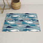 Origami Sea // linen texture and nautical stripes background teal white and taupe whales Rug Gallery Image 1