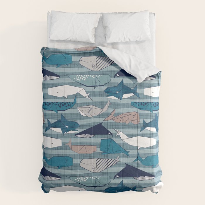 Origami Sea // linen texture and nautical stripes background teal white and taupe whales Comforter Gallery Image 1