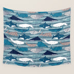 Origami Sea // linen texture and nautical stripes background teal white and taupe whales Wall Tapestry Gallery Image 4