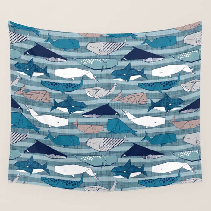 Origami Sea // linen texture and nautical stripes background teal white and taupe whales Wall Tapestry Gallery Image 4