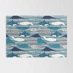 Origami Sea // linen texture and nautical stripes background teal white and taupe whales Rug Gallery Image 2