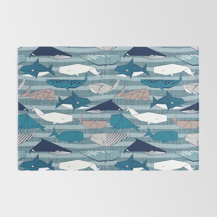 Origami Sea // linen texture and nautical stripes background teal white and taupe whales Rug Gallery Image 2