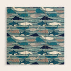 Origami Sea // linen texture and nautical stripes background teal white and taupe whales Wood Wall Art Gallery Image 1