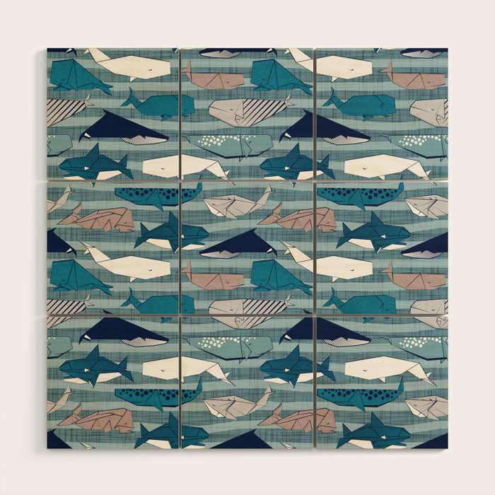 Origami Sea // linen texture and nautical stripes background teal white and taupe whales Wood Wall Art Gallery Image 1